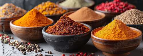 Assorted spices in wooden bowls on a dark textured surface, showcasing vibrant colors and textures.