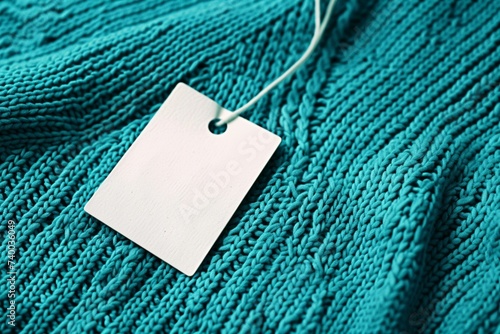 Clothing tag on turquoise knit, signaling discounts and sales photo