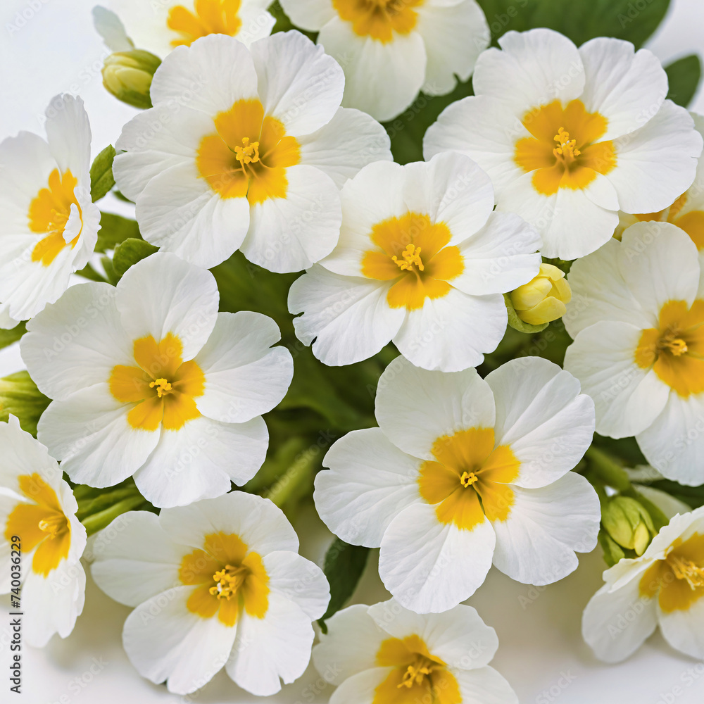 Fototapeta premium Top view of spring white primrose flower blossoms