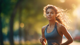 Running woman. Beautiful woman jogging during outdoor exercise in the park at sunset. The girl approaches beautifully. Fitness model outdoors. Weight loss. Running at sunset in a park. Copy space