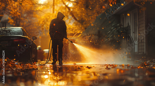 Person pressure washing a driveway at sunset with autumn leaves and warm lighting.
