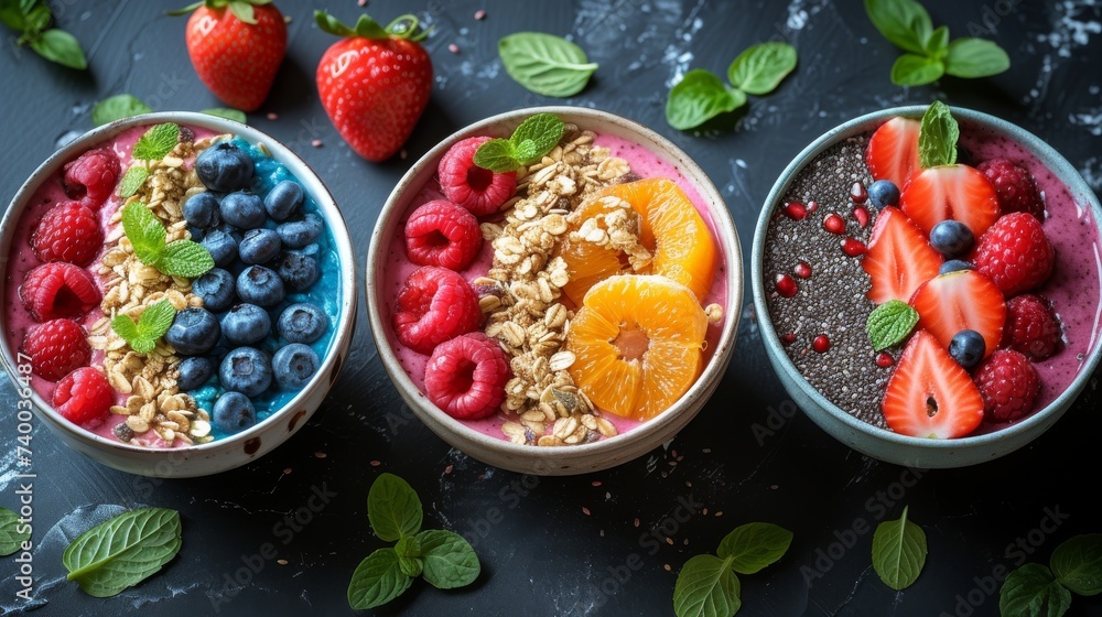 Colorful Smoothie Bowls: Overhead shot of beautifully arranged smoothie bowls with colorful layers of fresh fruits, seeds, and granola, promoting a healthy lifestyle. Colorful Smoothie Bowls: Overhead shot of beautifully arranged smoothie bowls with colorful layers of fresh fruits, seeds, and granola, promoting a healthy lifestyle.