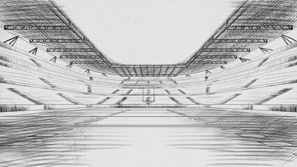 Architectural soccer filed project. Sketch of an empty open air stadium with tribune. Creative sketch design art.