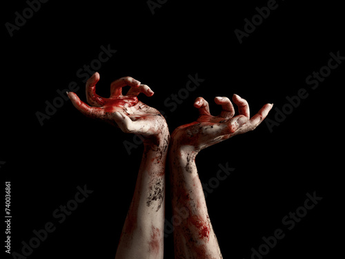 Scary hands of undead with dripping blood over black background