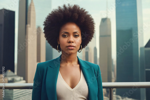 Portrait of an African-American woman against the background of skyscrapers