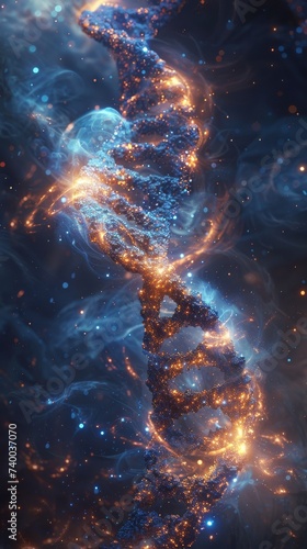 DNA polymerase spiraling along the arms of a spiral galaxy with star clusters forming the genetic code of the cosmos observed by ancient celestial sages