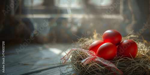 Easter nest with eggs colorful easter eggs an atmospheric decoration