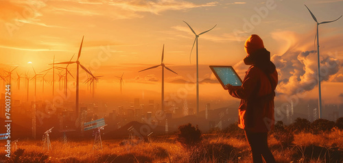 Engineer with tablet at wind farm during sunset, concept of renewable energy and technology.