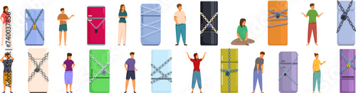 Locked fridge icons set cartoon vector. Chained closed refrigerator. Food addiction