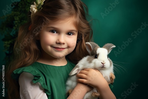 little girl with rabbit. Easter and bunny. Vet 