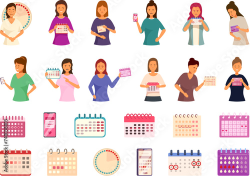 Menstrual calendar icons set cartoon vector. Female cycle suffering. Abdominal pain