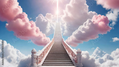 Stairway leading up to bright light with clouds, heaven concept.Generative AI