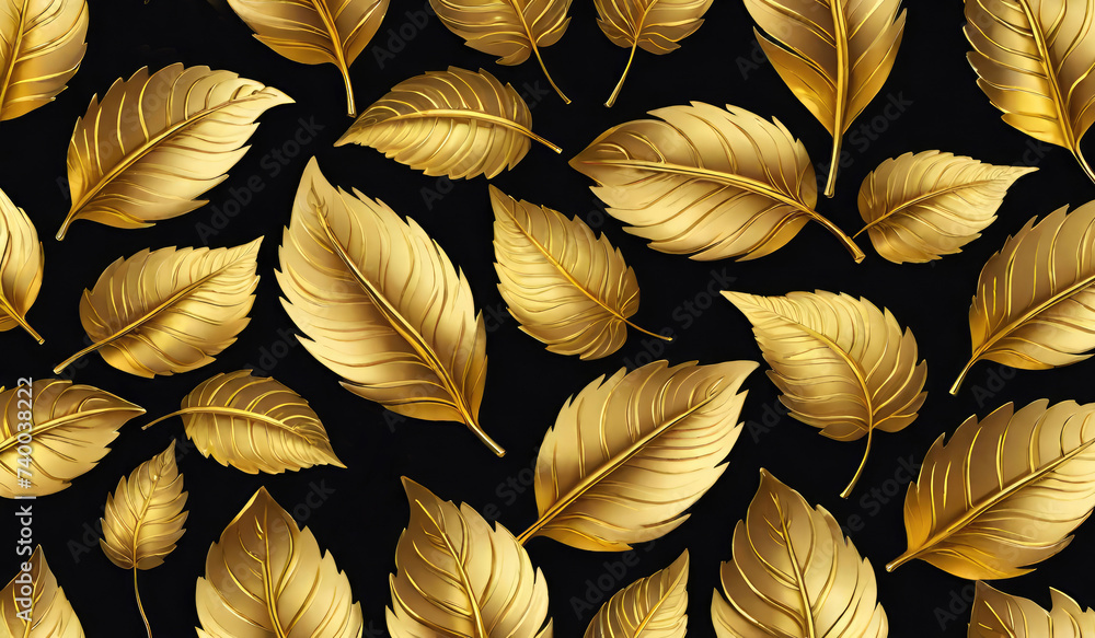 Golden leaves on black background. Seamless pattern for luxury wallpapers, cloth, fabric design.
Generative AI. Golden leaves on black background. Seamless pattern for luxury wallpapers, cloth, fabric design.
Generative AI.