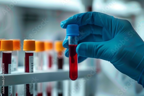 Health check up Doctor holds blood tube test in research lab photo
