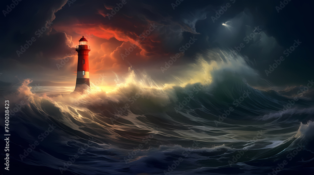 In the rough sea, a steadfast lighthouse shines a guiding light In the rough sea, a steadfast lighthouse shines a guiding light