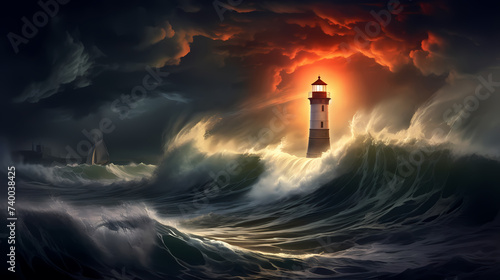 In the rough sea, a steadfast lighthouse shines a guiding light © xuan