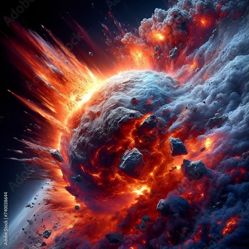 photorealistic scene A monumental collision between Earth and a blazing comet. The image, photographically captured with stunning precision, depicts the cataclysmic event in exquisite detail. Loo