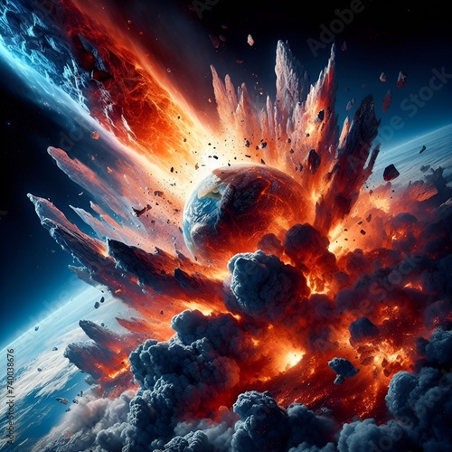 photorealistic scene A monumental collision between Earth and a blazing comet. The image, photographically captured with stunning precision, depicts the cataclysmic event in exquisite detail.  photo