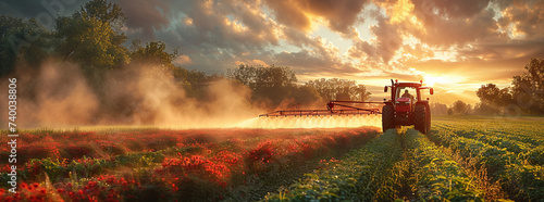 Tractor spraying crops in a field at sunset with vibrant colors and dramatic sky.