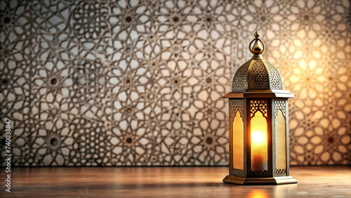 Lantern and islamic pattern decoration on bokeh background with copy space