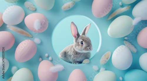 a chic little rabbit in a circle of colored eggs set against a blue background