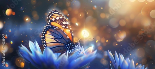 a butterfly sits on top of a blue flower