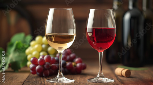 Two glasses of white and red wine with grapes