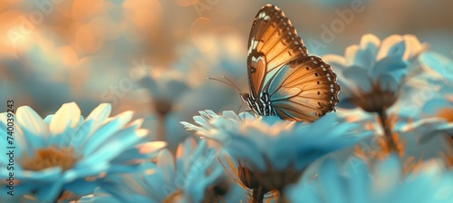 a butterfly sits on top of a blue flower