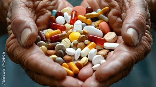 A close-up view of a pile of pills, tablets, vitamins, and medications held i...