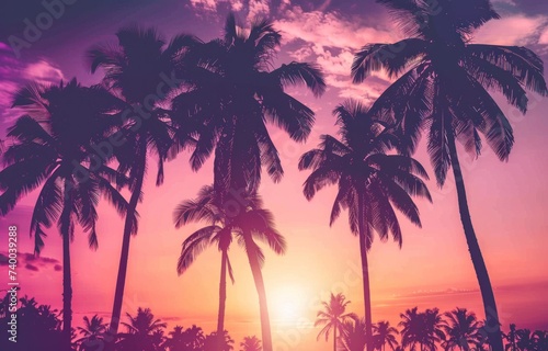 a group of palm trees with a sun setting over them © olegganko