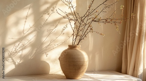 a ceramic vase with some branches on table