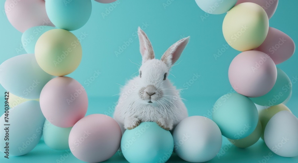 a chic little rabbit in a circle of colored eggs set against a blue background a chic little rabbit in a circle of colored eggs set against a blue background