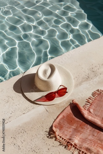 a hat, sunglasses, and red sunglasses lay on the edge of a pool