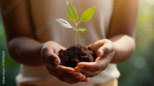 .Ecology, hands holding small tree for planting.