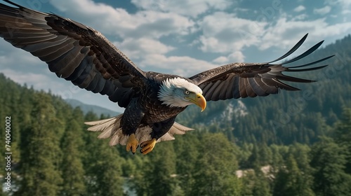 A bald eagle flies high observing its prey against the backdrop of a dense forest