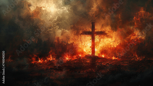 A solitary cross radiating divine light amidst the fiery depths of hell casting shadows and hope against despair