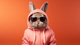 Cool cute easter bunny, rabbit with sunglasses and jogging suit with rabbit ears, isolated on red background