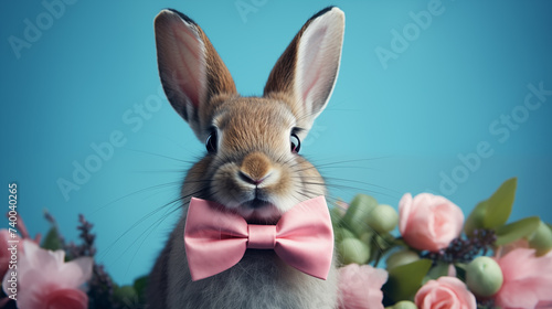 cute bunny with a pink bow on a blue background with space for text
