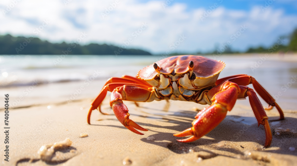 Magnificent crab on the beach, blurred sea background Magnificent crab on the beach, blurred sea background