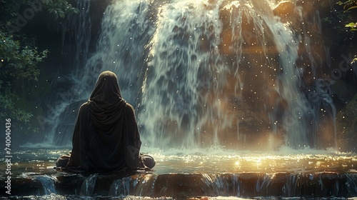 Hooded silhouette with a face of radiant energy seated in contemplation beside a waterfall cascading with liquid light