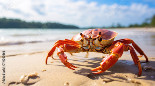 Magnificent crab on the beach, blurred sea background © brillianata