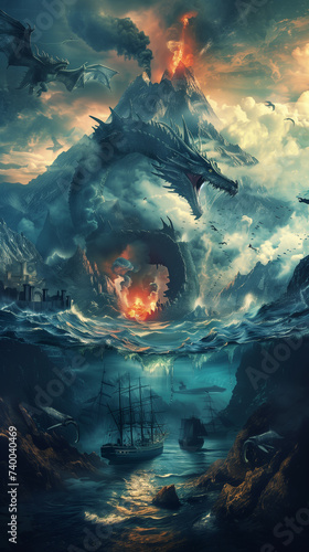 Beneath the sea a dragon circles a volcano near an ancient underwater city a warship above prepares for an epic confrontation © Expert Mind