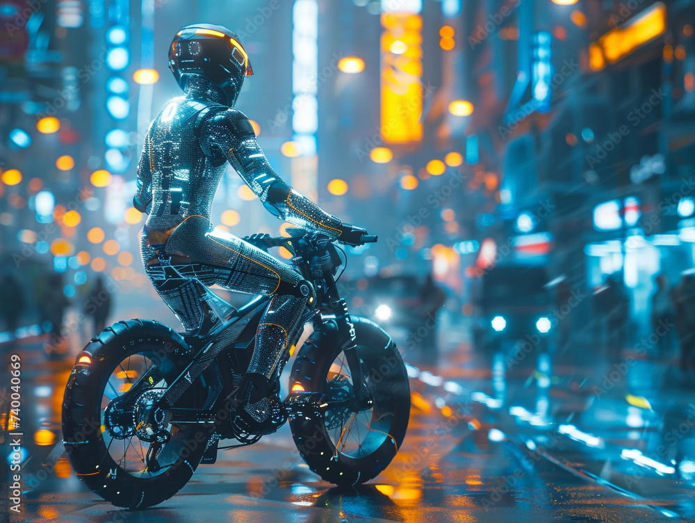 Futuristic robot on a bicycle navigating a holographic road network in a bustling high tech cityscape