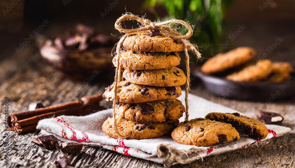 Chocolate chip cookies on linen napkin on wooden table. Stacked