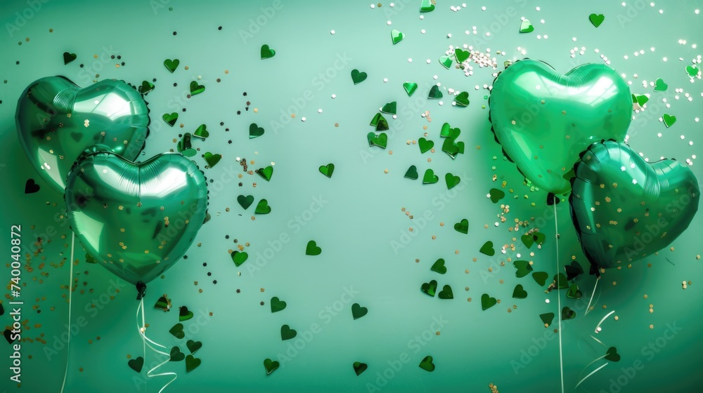 Close-up of green heart-shaped balloons with golden hearts and dots on a bokeh green background