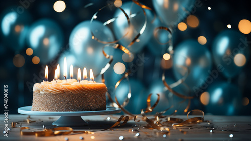 birthday cake on turquoise background with confetti  balloons