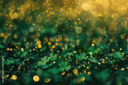 Vibrant green and yellow bokeh lights on a dark background. Festive and celebration concept with sparkling and shimmering light effect