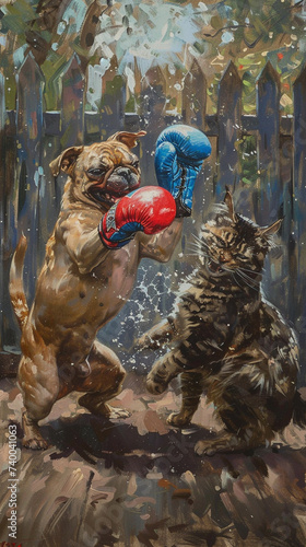 Laughing dog with bright blue boxing gloves ducking a swipe from a feisty cat backyard chaos photo