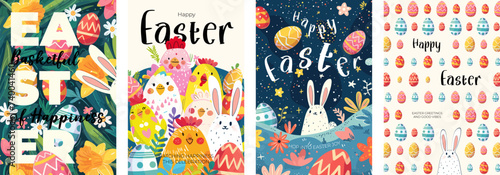Happy Easter Day holiday abstract poster set. Colorful eggs in grass and cute rabbit, chickens and flowers. Traditional spring religious celebration greeting card. Vector modern drawing festive bunny