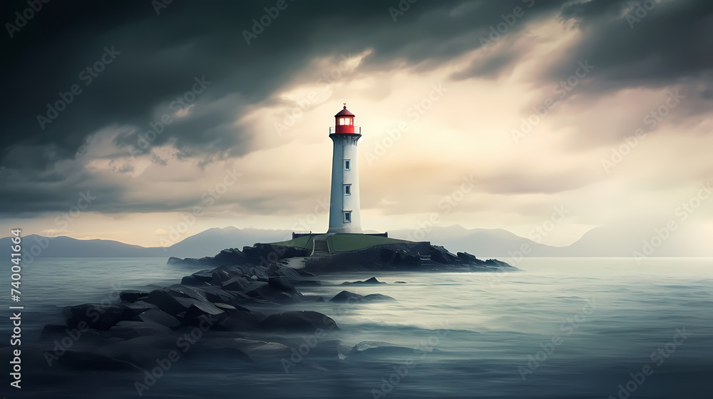 In the rough sea, a steadfast lighthouse shines a guiding light